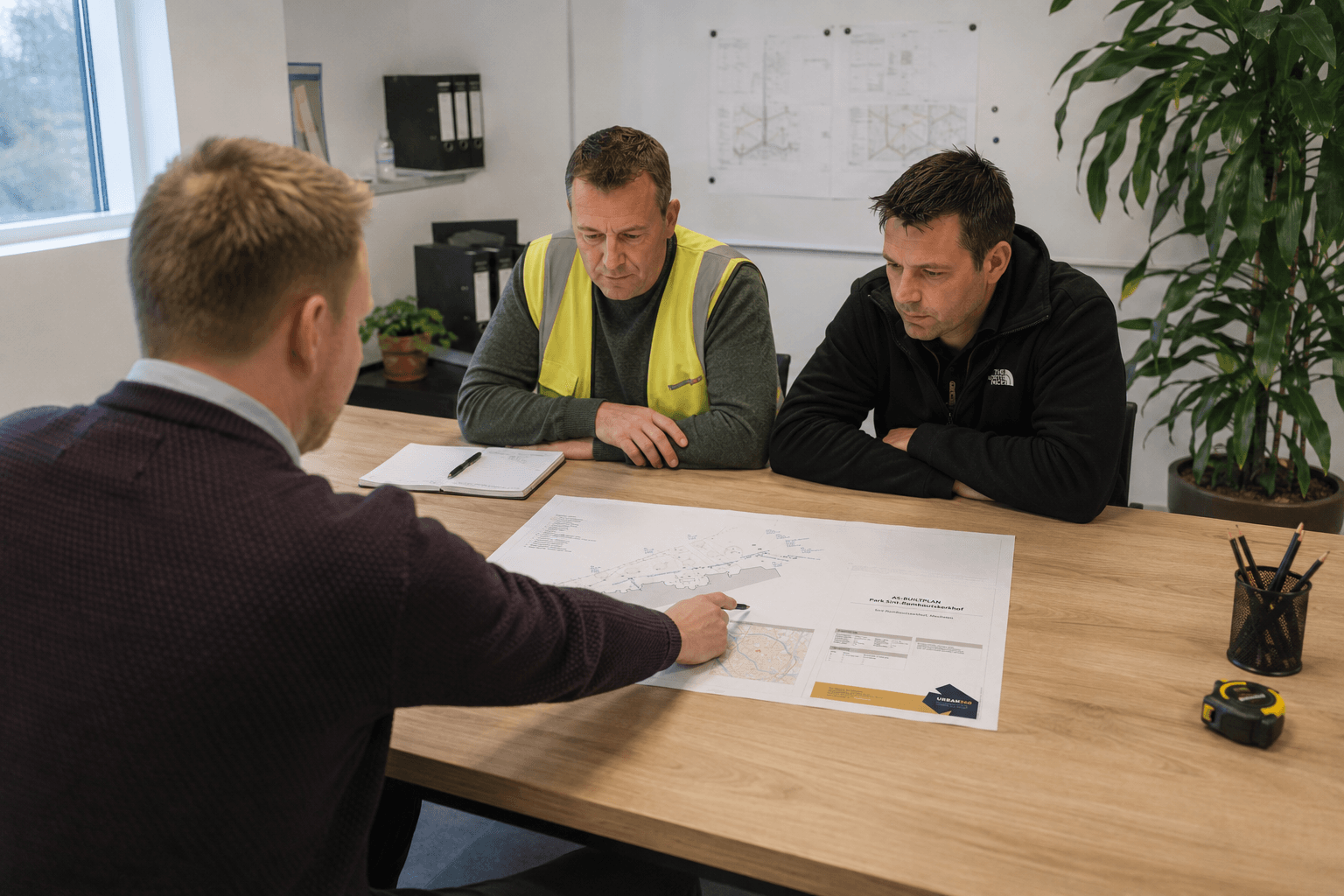 Urban360 medewerker bespreekt opmeting en plannen met opdrachtgevers aan tafel